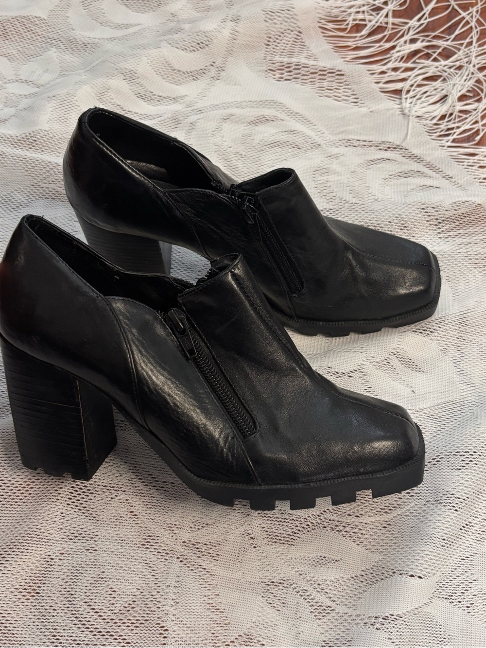 Tribeca made in Brazil Black Leather Lug Sole Block Heel Ankle Boots